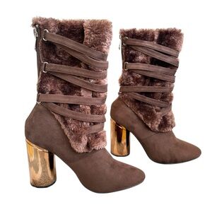 Cape Robbin Woman’s 7 Brown Faux Fur Shaft With Straps Chunky Heeled Boots